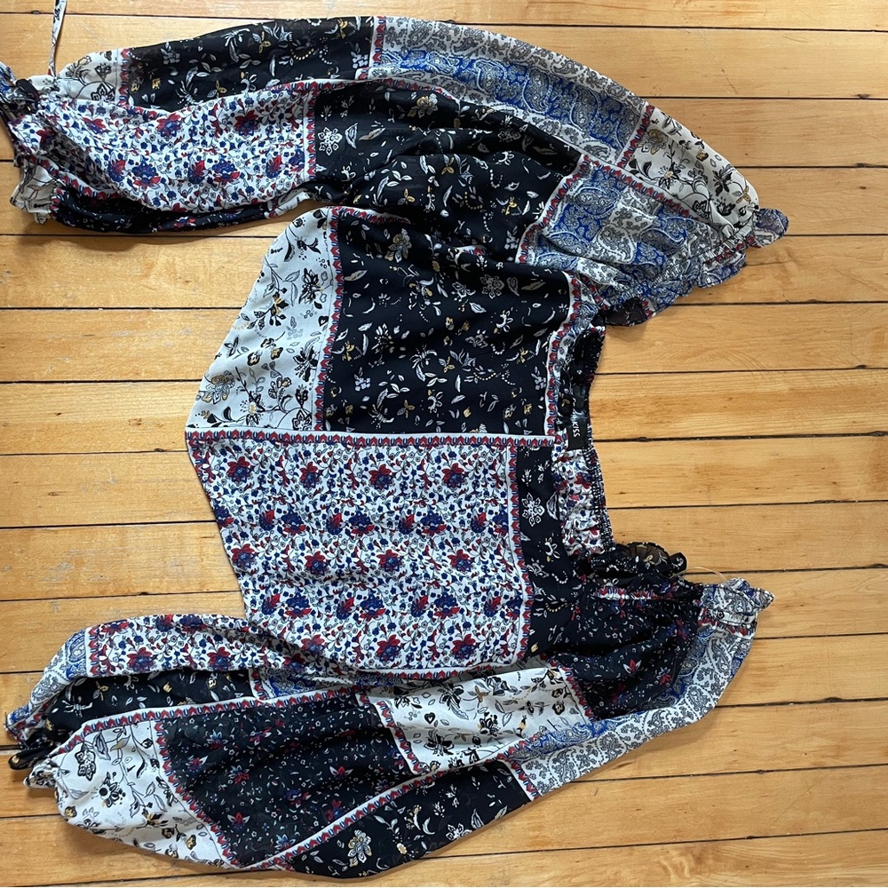 Floral Patchwork Crop Top - Black and Blue